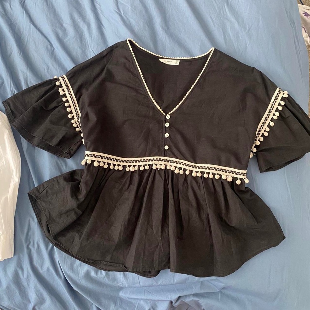 Black Peplum Top with Cream Trim